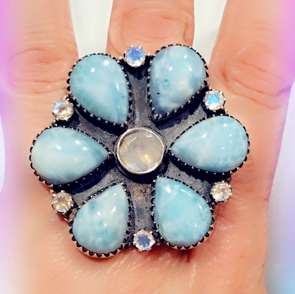 Larimar & Faceted Moonstone Solid Sterling Gemstone Ring